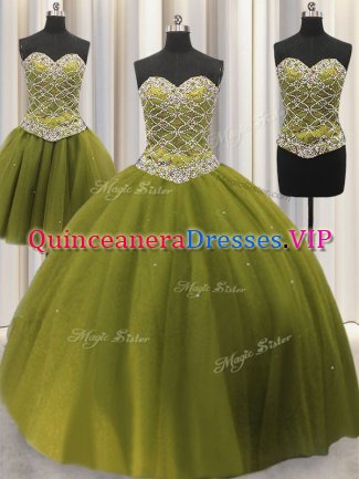 Three Piece Sequins Sweetheart Sleeveless Lace Up 15 Quinceanera Dress Olive Green Tulle