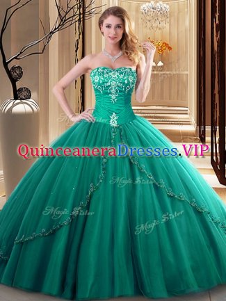 Sleeveless Floor Length Embroidery Lace Up Quinceanera Dresses with Dark Green