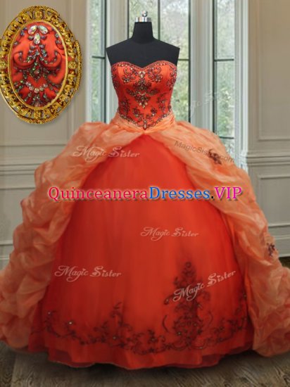 Stunning Pick Ups Sweetheart Sleeveless Brush Train Lace Up Quinceanera Dress Orange Red Organza - Click Image to Close
