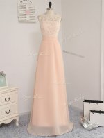 Suitable Floor Length Peach Quinceanera Dama Dress Chiffon Sleeveless Lace