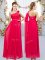 Sleeveless Chiffon Floor Length Lace Up Vestidos de Damas in Red with Beading and Hand Made Flower