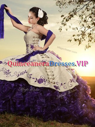 Beauteous Sleeveless Organza and Taffeta With Brush Train Lace Up Quinceanera Gown in White And Purple with Embroidery and Ruffles