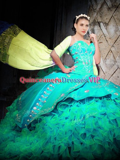 Sleeveless Organza With Brush Train Lace Up 15th Birthday Dress in Turquoise with Embroidery and Ruffles - Click Image to Close