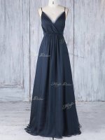 Artistic Floor Length Navy Blue Quinceanera Dama Dress Spaghetti Straps Sleeveless Backless