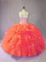 Orange Organza Lace Up Quinceanera Dress Sleeveless Floor Length Beading and Ruffles