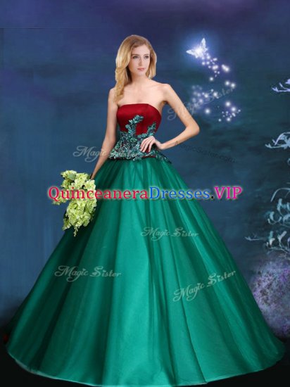 Sleeveless Floor Length Appliques Lace Up Quince Ball Gowns with Dark Green - Click Image to Close