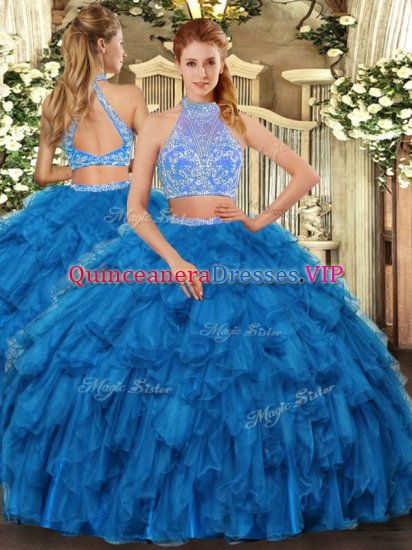 Sleeveless Floor Length Beading and Ruffles Criss Cross Sweet 16 Dresses with Blue - Click Image to Close