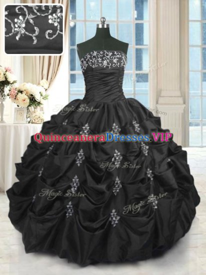 Black Taffeta Lace Up Strapless Sleeveless Floor Length Quinceanera Gowns Beading and Lace and Appliques and Pick Ups - Click Image to Close