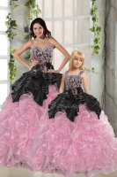 Unique Pink And Black Ball Gowns Beading and Ruffles Sweet 16 Quinceanera Dress Lace Up Organza Sleeveless Floor Length