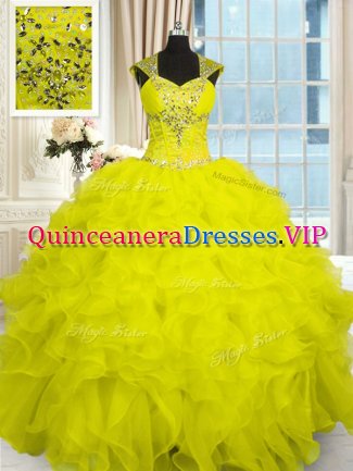Yellow Cap Sleeves Beading and Ruffles Floor Length Quinceanera Dresses