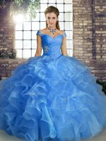 Edgy Blue Quinceanera Dress Military Ball and Sweet 16 and Quinceanera with Beading and Ruffles Off The Shoulder Sleeveless Lace Up