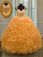 Orange Zipper 15 Quinceanera Dress Beading and Ruffles Sleeveless Floor Length