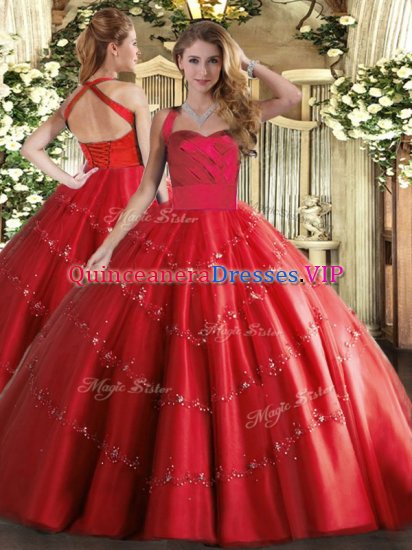 Ball Gowns Sweet 16 Dresses Red Halter Top Tulle Sleeveless Floor Length Lace Up - Click Image to Close