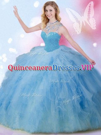 Pretty Blue Sleeveless Beading and Ruffles and Sequins Floor Length Military Ball Gown