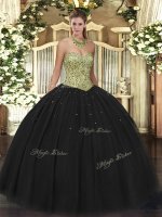 Fantastic Black Sleeveless Floor Length Beading Lace Up Quinceanera Gowns