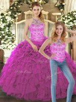 Fuchsia Sleeveless Organza Lace Up Ball Gown Prom Dress for Military Ball and Sweet 16 and Quinceanera