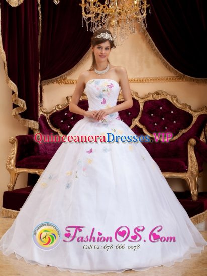 White Colorful Appliques For Quinceanera Dress With Organza Strapless In South Carolina - Click Image to Close