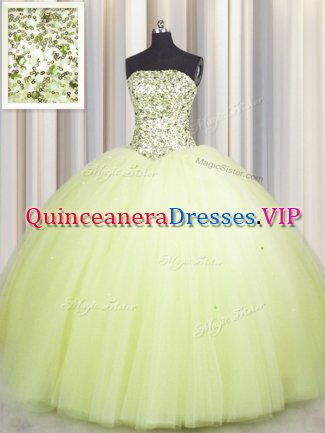 Big Puffy Light Yellow Lace Up Quinceanera Dresses Beading and Sequins Sleeveless Floor Length