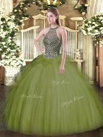 Halter Top Sleeveless Lace Up Vestidos de Quinceanera Olive Green Tulle
