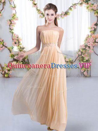 Custom Design Peach Lace Up Strapless Beading Quinceanera Court Dresses Chiffon Sleeveless Sweep Train