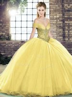 Dynamic Gold Sleeveless Organza Brush Train Lace Up 15th Birthday Dress for Military Ball and Sweet 16 and Quinceanera(SKU SJQDDT2084002-10BIZ)