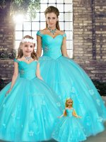 Custom Design Tulle Off The Shoulder Sleeveless Lace Up Beading and Appliques Quinceanera Gown in Aqua Blue(SKU YSQD090-LGBIZ)