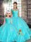 Custom Design Tulle Off The Shoulder Sleeveless Lace Up Beading and Appliques Quinceanera Gown in Aqua Blue