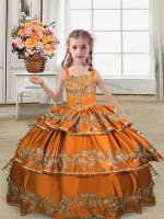 Satin Straps Sleeveless Lace Up Embroidery and Ruffled Layers Pageant Dress Toddler in Orange