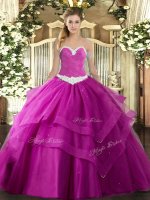 Ball Gowns Sweet 16 Quinceanera Dress Fuchsia Sweetheart Tulle Sleeveless Floor Length Lace Up