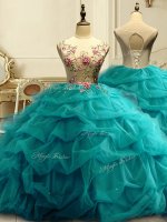 Ball Gowns Quinceanera Gown Teal Scoop Organza Sleeveless Floor Length Lace Up