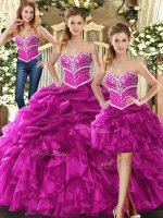 Gorgeous Fuchsia Organza Lace Up Quinceanera Gowns Sleeveless Floor Length Beading and Ruffles