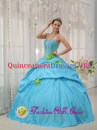 Baby Blue Beaded Decorate Bust and green Hand Flowers Quinceanera Dress With Strapless Pick-ups In Queen Creek AZ　