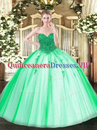 Cheap Turquoise Ball Gowns Beading Sweet 16 Dress Lace Up Tulle Sleeveless Floor Length