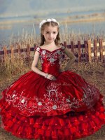 High Class Red Satin and Organza Lace Up Off The Shoulder Sleeveless Floor Length Pageant Dresses Embroidery and Ruffled Layers