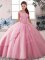 Sweet Rose Pink Sleeveless Brush Train Beading Sweet 16 Dress
