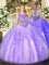 Sleeveless Organza Floor Length Lace Up Quince Ball Gowns in Lavender with Beading and Ruffles