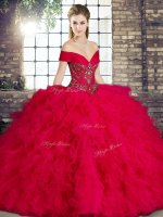Custom Design Red Sleeveless Floor Length Beading and Ruffles Lace Up Ball Gown Prom Dress
