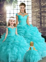 Floor Length Aqua Blue Sweet 16 Dresses Organza Sleeveless Beading and Ruffles and Pick Ups