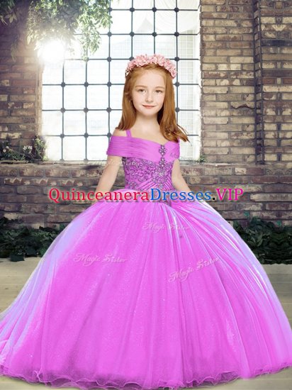 Lilac Ball Gowns Straps Sleeveless Beading Floor Length Lace Up Little Girls Pageant Gowns - Click Image to Close