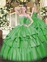Sleeveless Organza and Taffeta Floor Length Lace Up Quince Ball Gowns in Green with Beading and Ruffled Layers