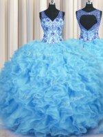 Noble V Neck Floor Length Baby Blue Quinceanera Dress Organza Sleeveless Beading and Appliques and Ruffles