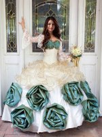 White Sleeveless Floor Length Beading and Ruffles and Hand Made Flower Lace Up Ball Gown Prom Dress