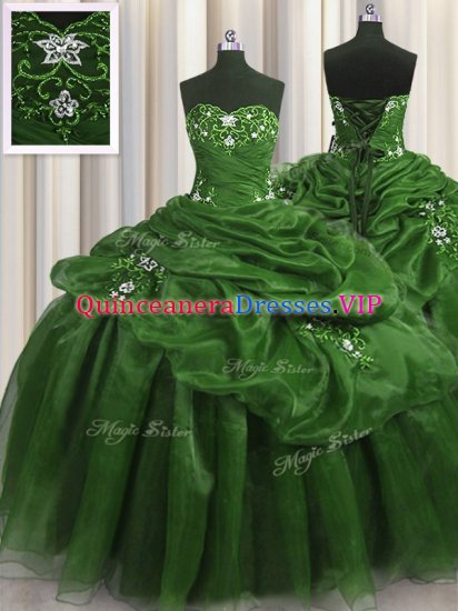 Sleeveless Organza Floor Length Lace Up Quince Ball Gowns in Green with Beading and Appliques and Pick Ups - Click Image to Close