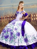 White And Purple Lace Up Off The Shoulder Embroidery and Ruffles Quinceanera Dress Satin and Organza Sleeveless