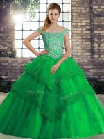 Deluxe Off The Shoulder Sleeveless Brush Train Lace Up Quinceanera Dresses Green Tulle