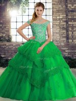 Deluxe Off The Shoulder Sleeveless Brush Train Lace Up Quinceanera Dresses Green Tulle(SKU SJQDDT2107002-7BIZ)