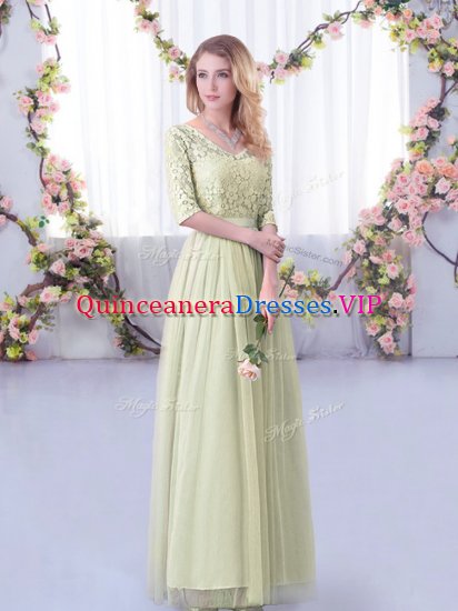 Eye-catching Yellow Green Dama Dress for Quinceanera Wedding Party with Lace and Belt V-neck Half Sleeves Side Zipper - Click Image to Close