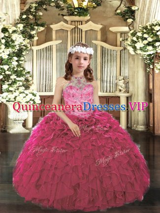 Ball Gowns Custom Made Pageant Dress Hot Pink Halter Top Tulle Sleeveless Floor Length Lace Up
