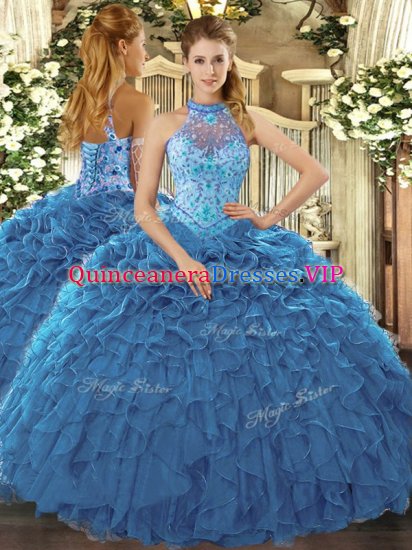 Designer Sleeveless Lace Up Floor Length Beading and Ruffles Sweet 16 Quinceanera Dress - Click Image to Close