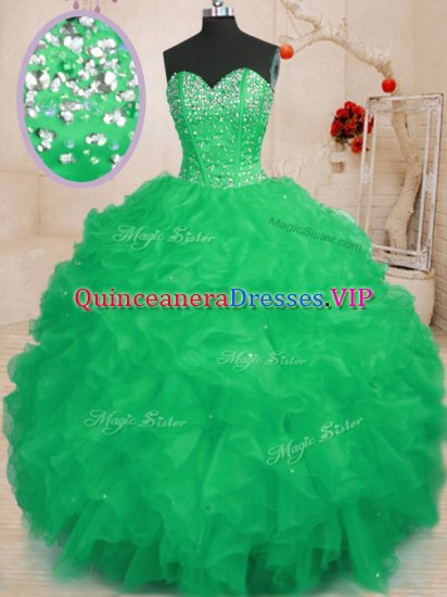Deluxe Sweetheart Sleeveless Quinceanera Gowns Floor Length Beading and Ruffles Turquoise Organza - Click Image to Close